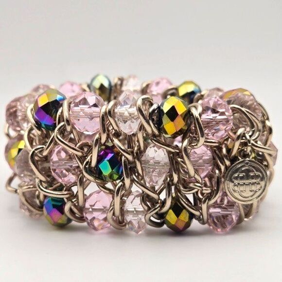 Dana Buchman Goldtone and Pink Glass Beaded Stretch Bracelet AB Accent Beads - Picture 1 of 5